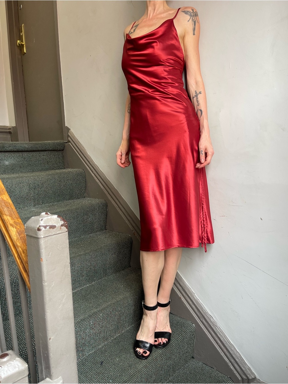 Satin Cowl Neck Slip Dress in Deep Red